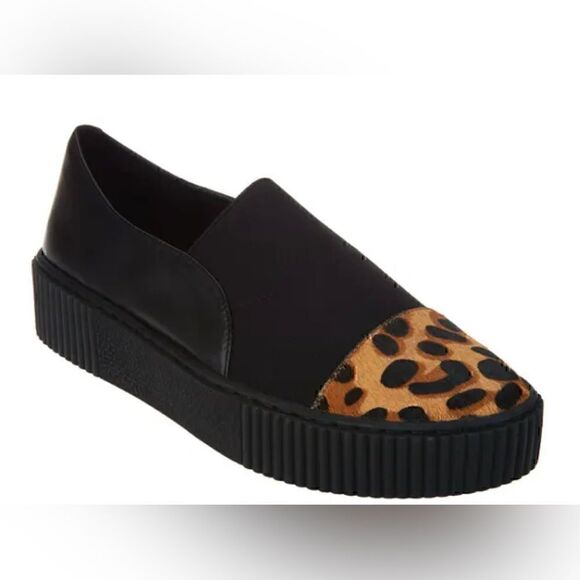 Lori Goldstein | Animal Print Black Leather Platform Sneakers - Picture 1 of 9